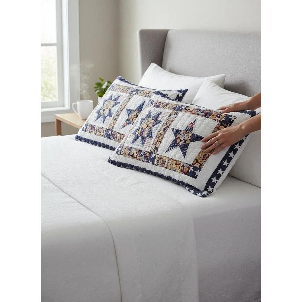 Sunham Quilted Pillow Shams 20x36 Cotton Patriotic Teddy Bear Americana Stars